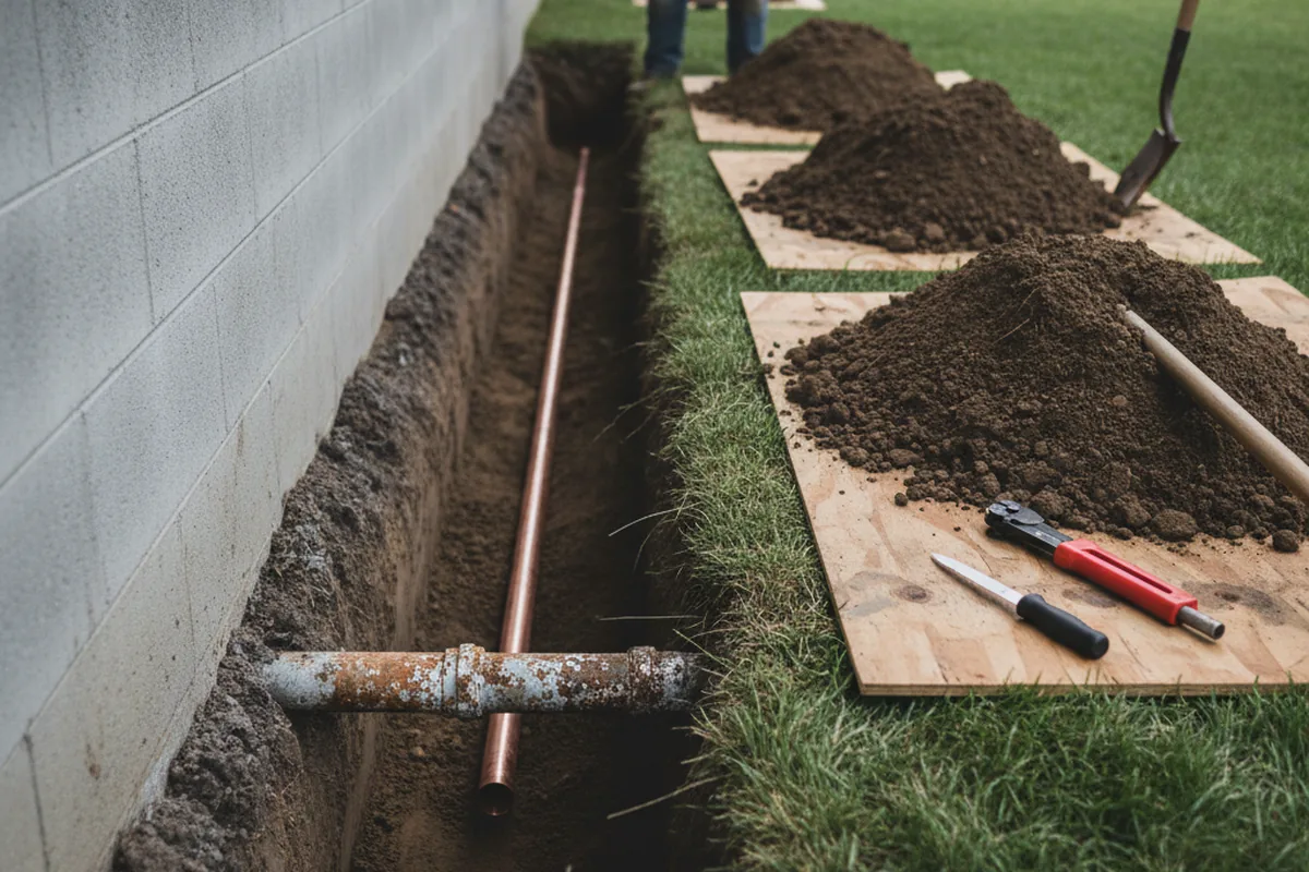 Excavated water line trench during Sewer Line Repair in Spicewood